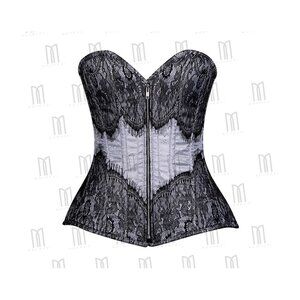 Grey and Black Overbust Corset with Eyelash Lace Overlay & Silver Zipper